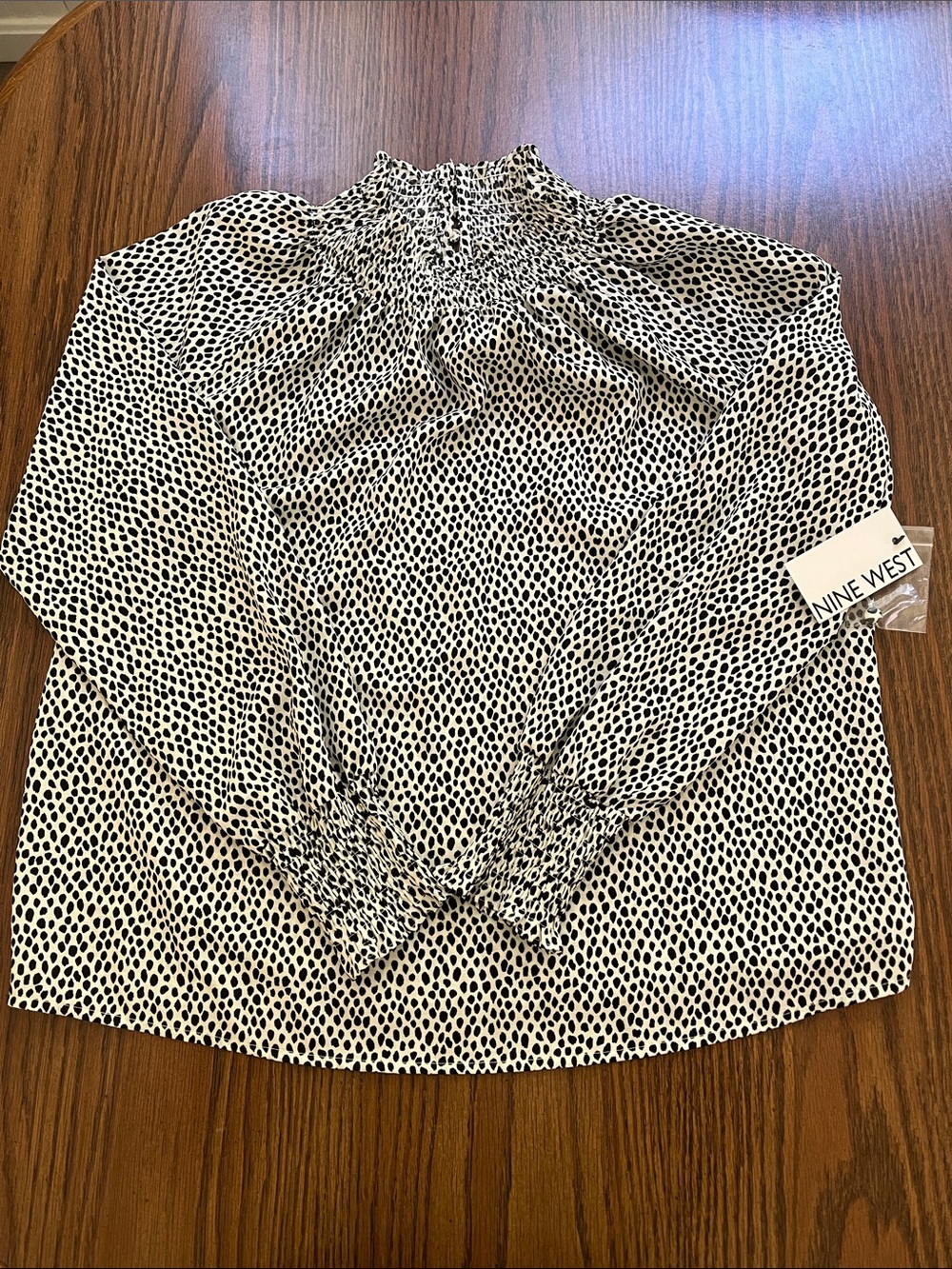 Nine West Black and White Dot Print Smocked Neck Blouse